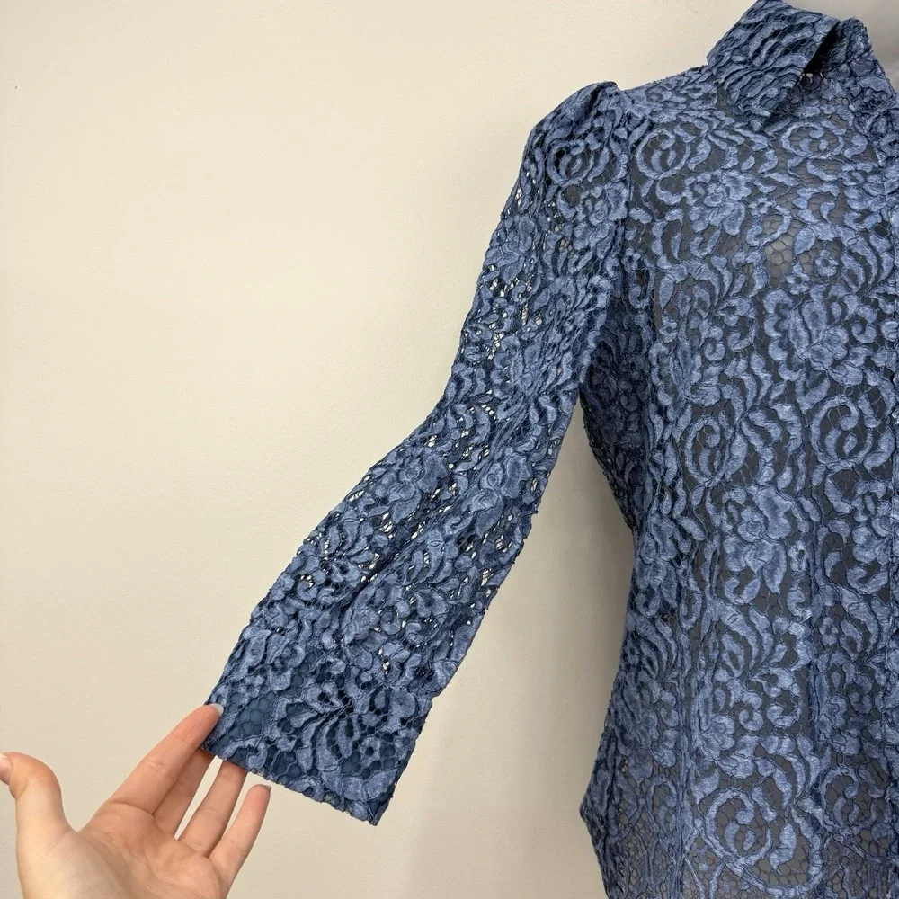 L'Agence Andrea Lace Button Front Blouse S Blue Sheer Feminine Dainty